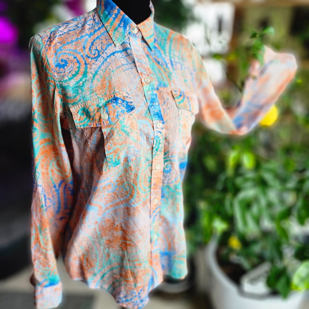 Lauren Ralph Lauren Medium Blue & Orange Abstract Button Long Sleeve Shirt